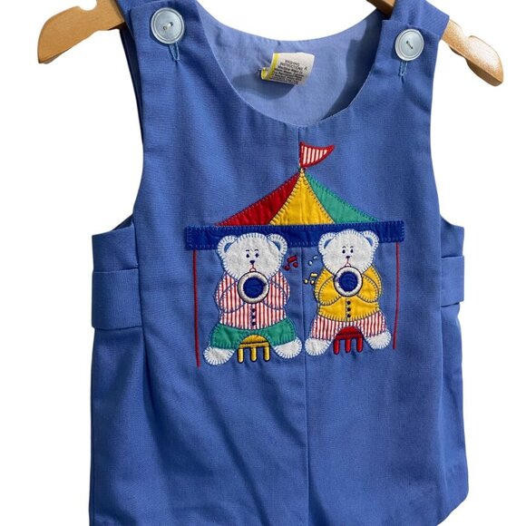 Vintage Baby Boy Circus Bears Romper - Blue Overalls Shortall Outfit - 12 Months - Picture 2 of 5